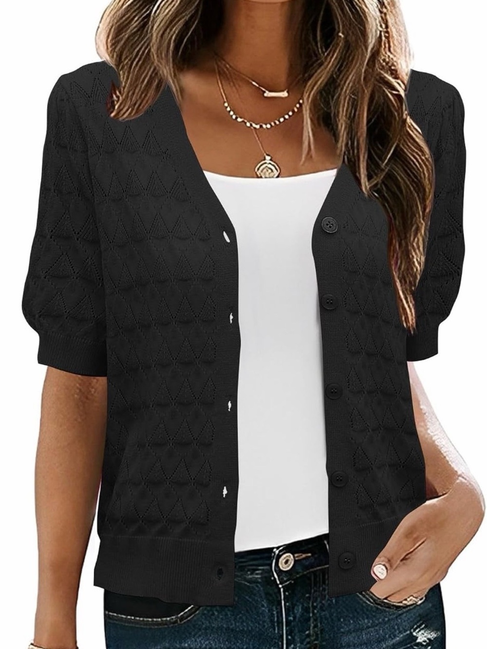 NWT IECCP Crochet Pattern Short Puff Sleeve Open Front Cardigan Black 2XL